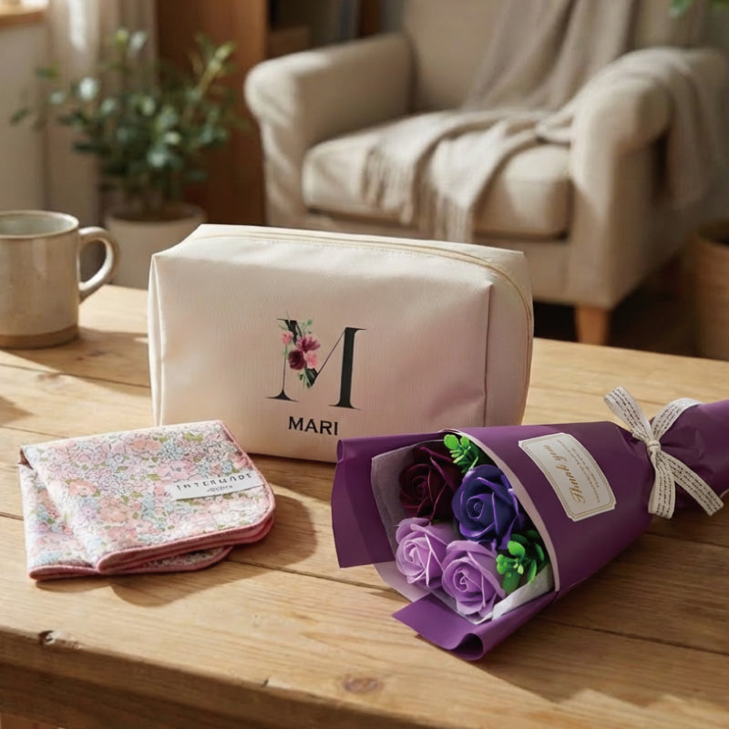 イニシャルポーチ & ハンカチタオル フラワー3点セット